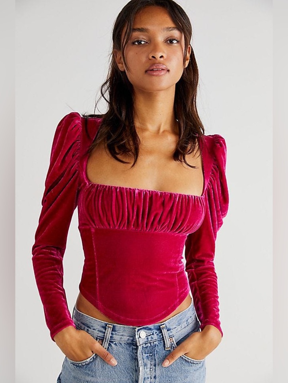 Free People Hold Me Top Pink Velvet Puff Sleeve Corset Blouse Size L Witchy Y2K